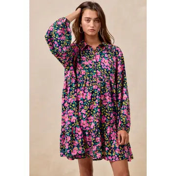 FLORAL PRINT SHIRRING BUTTONED TIERED SHIRT DRESS