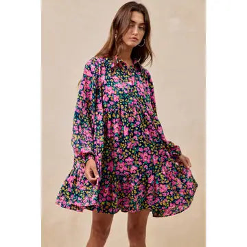 FLORAL PRINT SHIRRING BUTTONED TIERED SHIRT DRESS