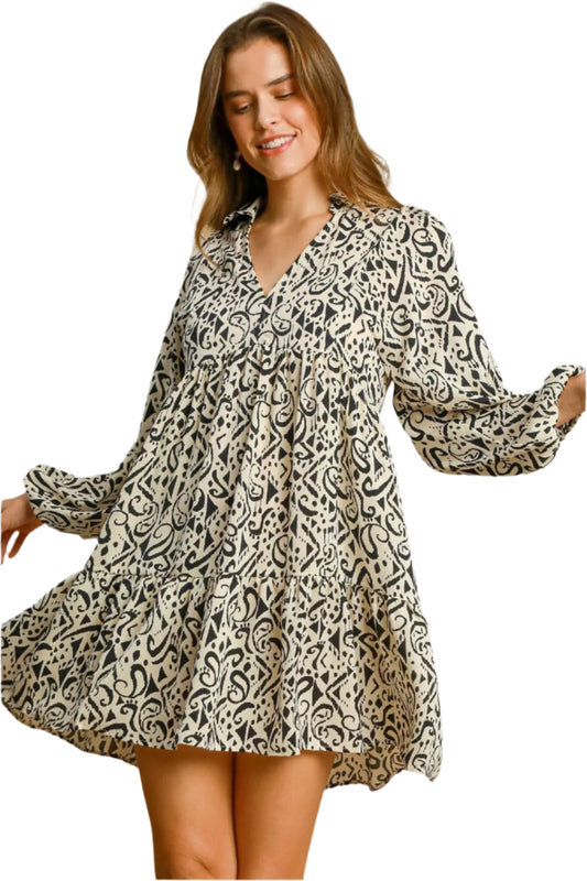 Umgee -Two Tone Print Tiered Dress: Cream Mix