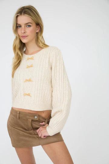 CABLE KNIT FRONT VELVET BOW DETAIL KNIT SWEATER