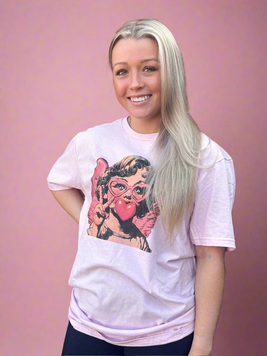 Bubblegum Cupid Valentine T-shirt- Pink