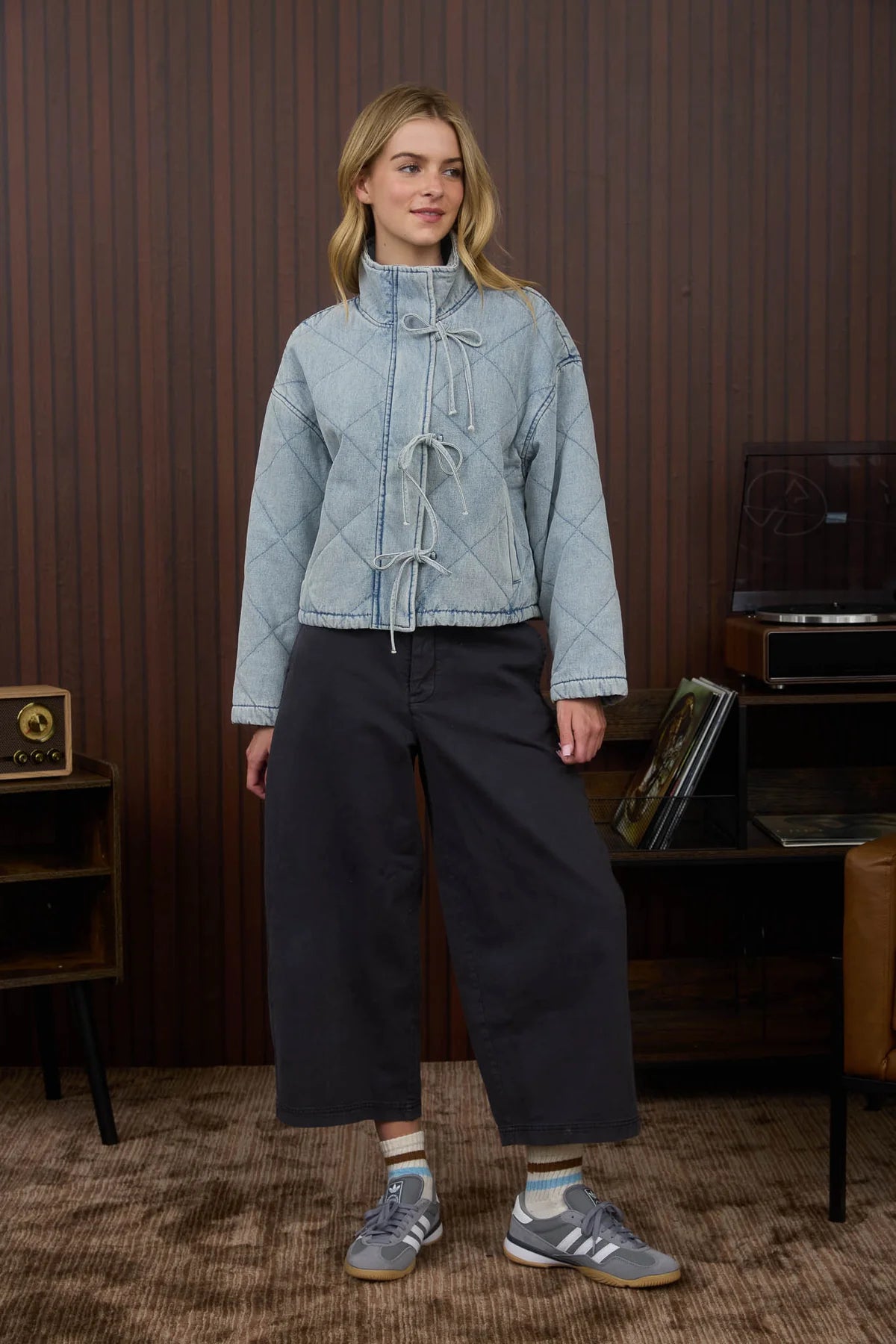 💙 Washed Denim Quilted Tie Puffer Jacket