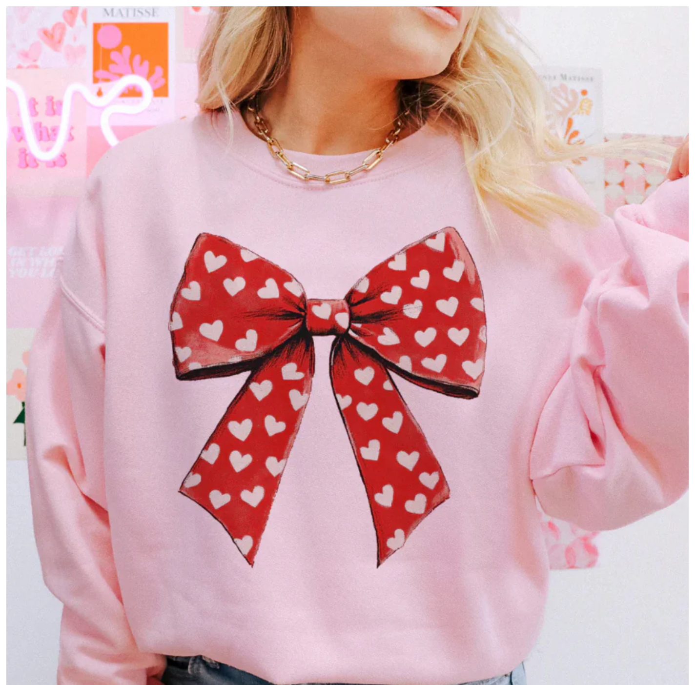 Big Red Bow with Hearts- PINK Sweatshirt