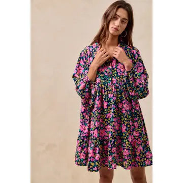 FLORAL PRINT SHIRRING BUTTONED TIERED SHIRT DRESS