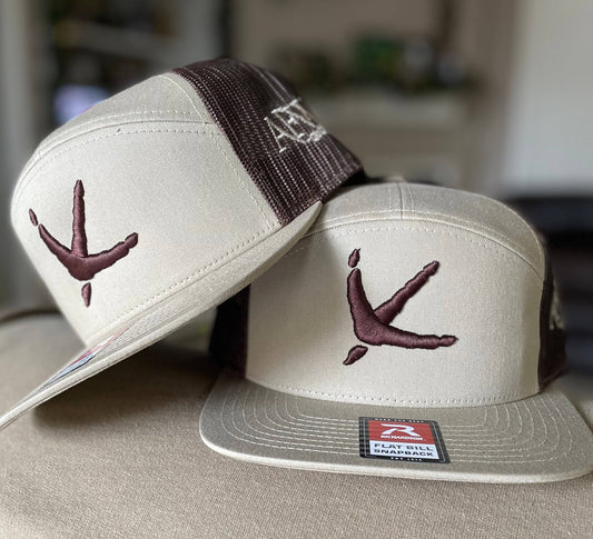 American Flyway Waterfowl - 7 Panel Trucker Khaki / Coffee Turkey Tracks Logo