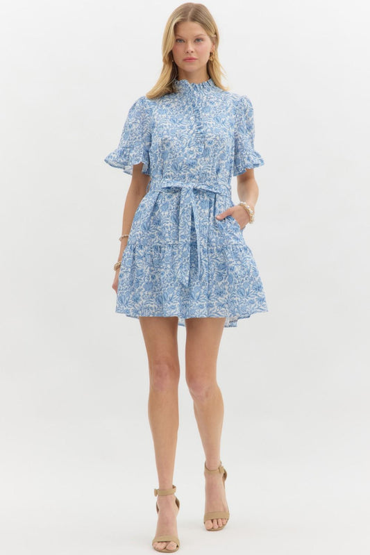 Blue Floral Print Pullover Mini Dress