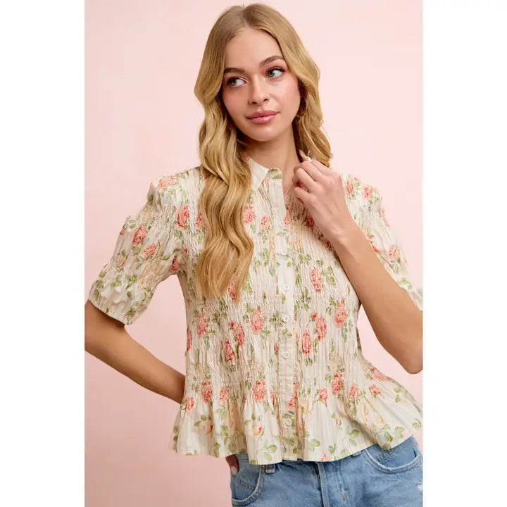 FLORAL PRINTED SHORT SLEEVES SHIRRED BLOUSE TOP